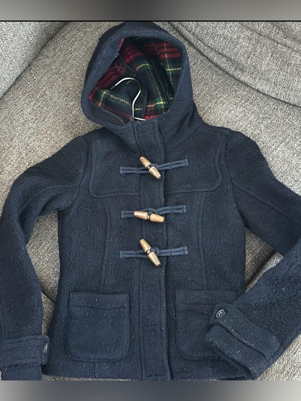 Abercrombie Kids Wool Blend Plaid Lined Hooded Duffle Toggle Coat Jacket Navy S